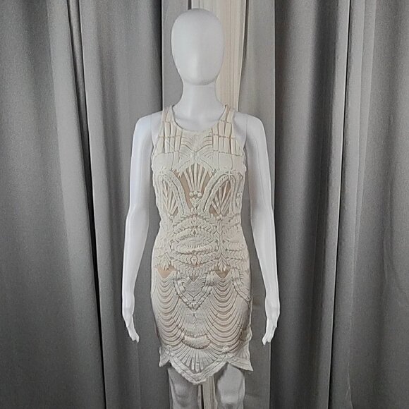 Tea & Cup Cream Bodycon Fitted & Lined Cotton Mini Dress. Size Small - Picture 1 of 13